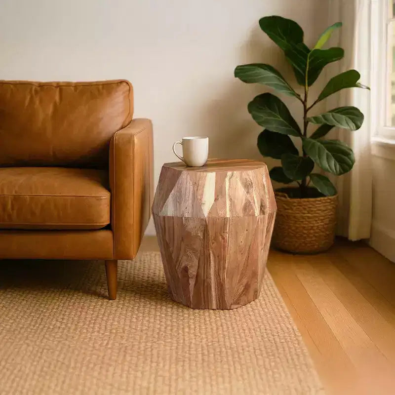 Table d'appoint artisanale 22" | Plateau octogonal multifacettes en bois d'acacia massif | Marron naturel