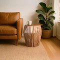 Table d'appoint artisanale 22" | Plateau octogonal multifacettes en bois d'acacia massif | Marron naturel