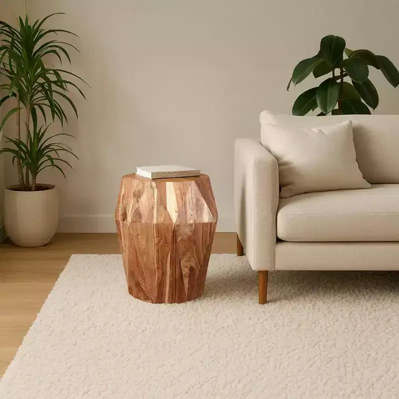 Table d'appoint artisanale 22" | Plateau octogonal multifacettes en bois d'acacia massif | Marron naturel