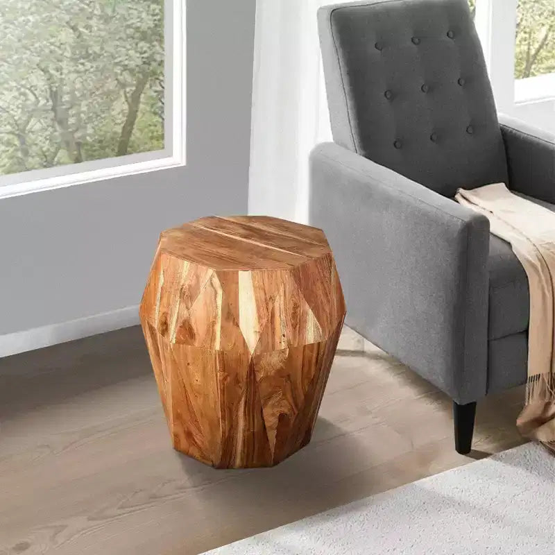 Table d'appoint artisanale 22" | Plateau octogonal multifacettes en bois d'acacia massif | Marron naturel