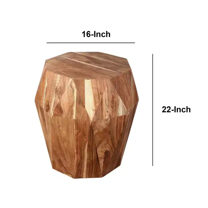 Table d'appoint artisanale 22" | Plateau octogonal multifacettes en bois d'acacia massif | Marron naturel