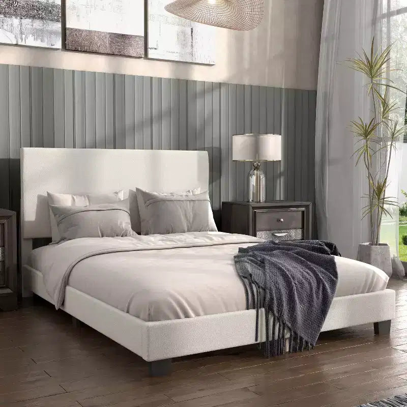 Lit plateforme rembourré en boucle moderne blanc grand format