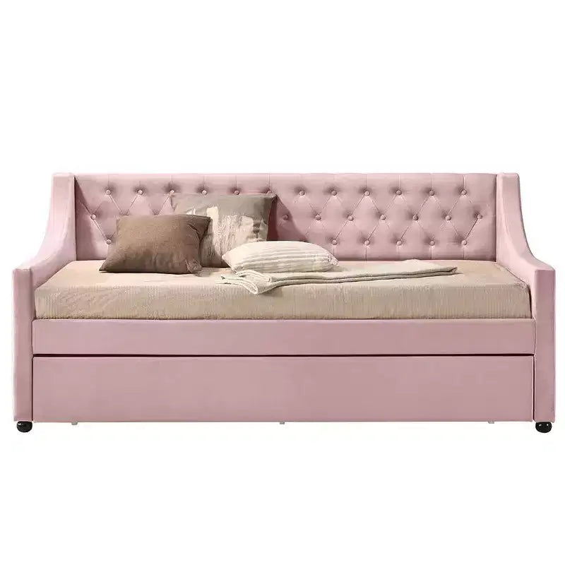 Lit de repos jumeau/double avec tiroir-lit - Velours rose