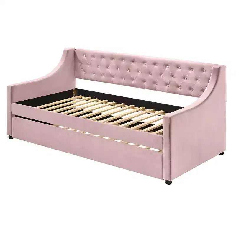 Lit de repos jumeau/double avec tiroir-lit - Velours rose