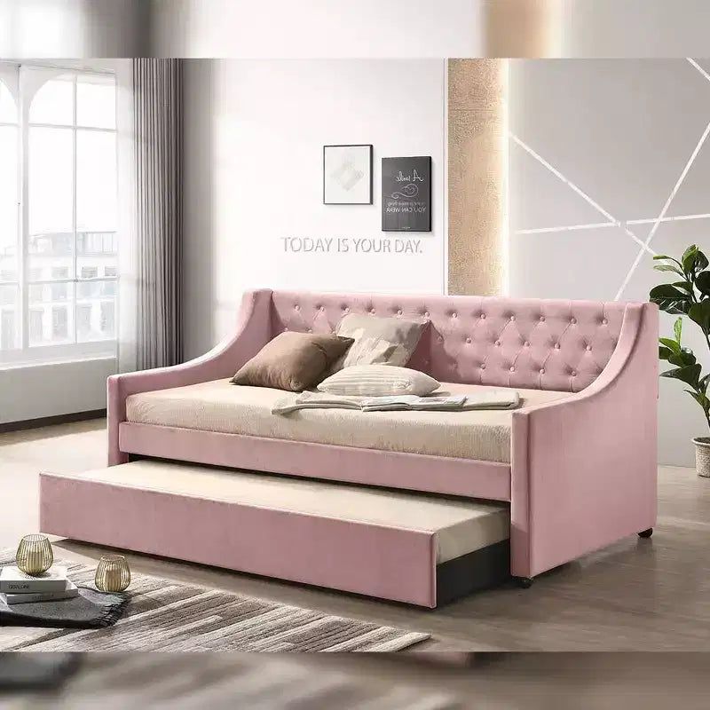 Lit de repos jumeau/double avec tiroir-lit - Velours rose