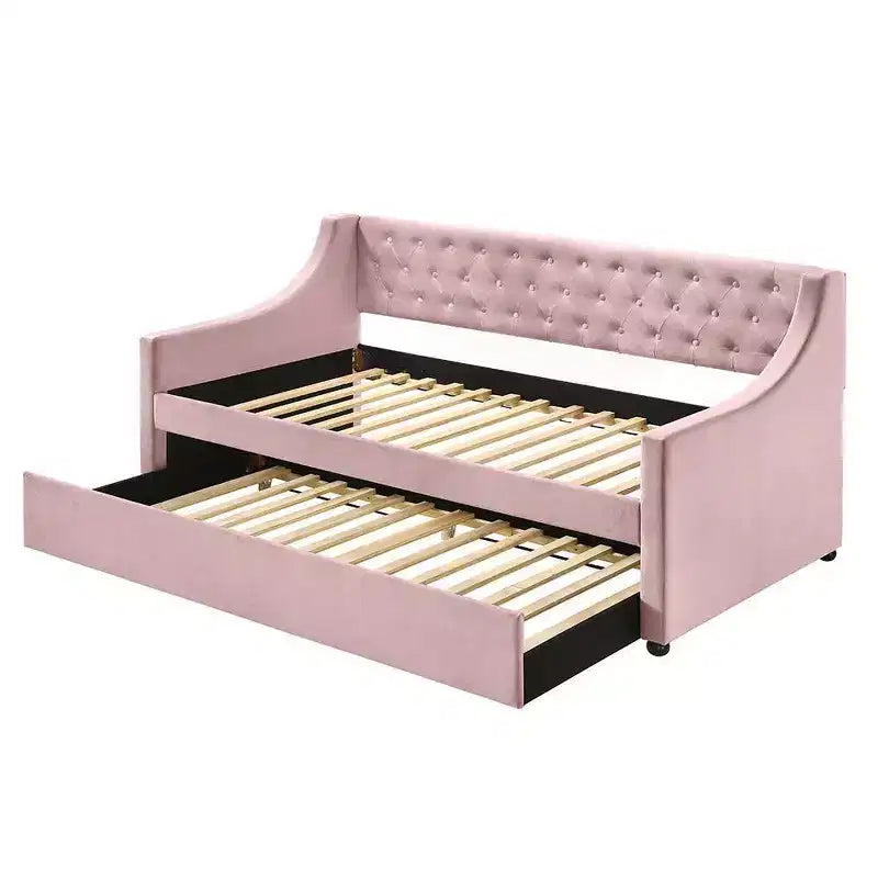 Lit de repos jumeau/double avec tiroir-lit - Velours rose