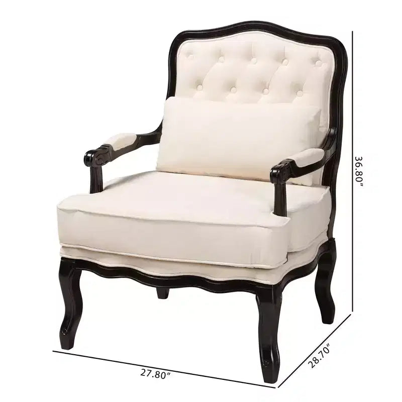 Fauteuil d'appoint traditionnel en tissu crème et bois wengé