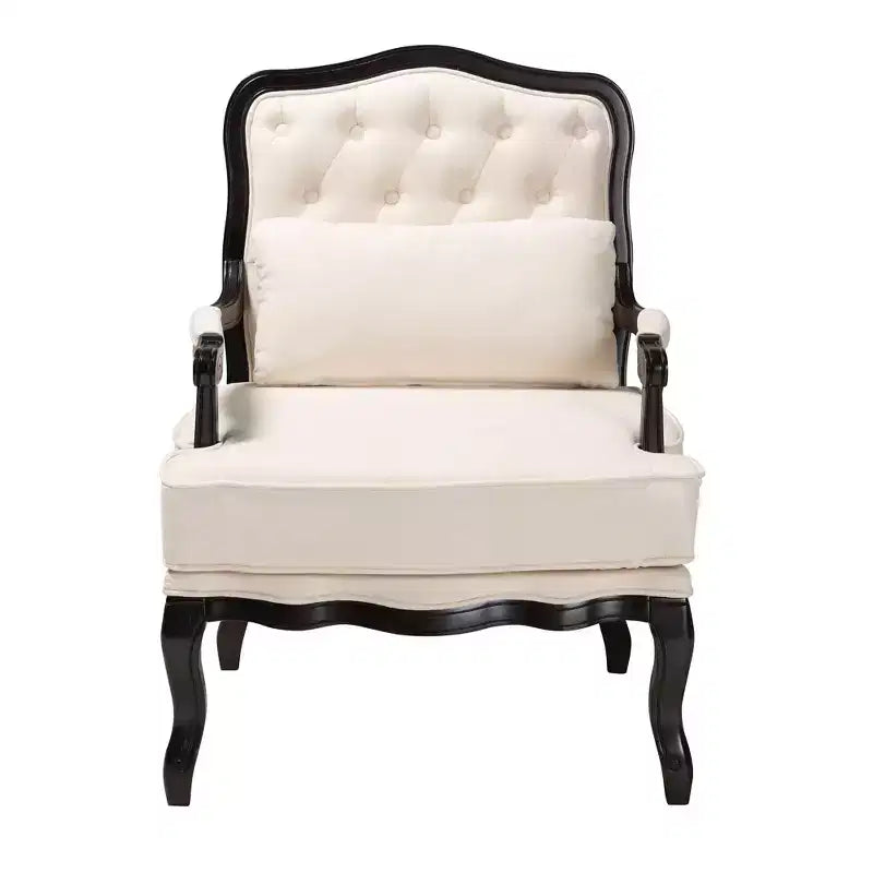 Fauteuil d'appoint traditionnel en tissu crème et bois wengé