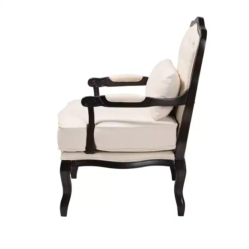 Fauteuil d'appoint traditionnel en tissu crème et bois wengé