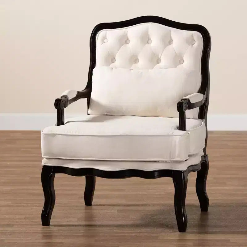 Fauteuil d'appoint traditionnel en tissu crème et bois wengé