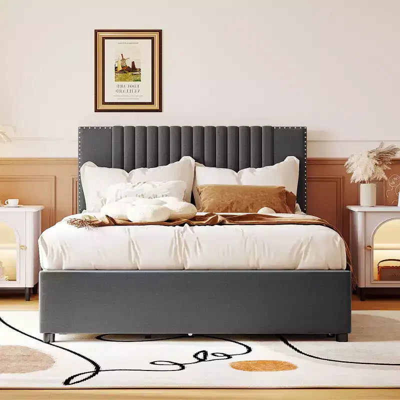 Cadre de lit plateforme en bois rembourré Queen/Full avec 2 tiroirs et 1 lit gigogne simple/simple XL
