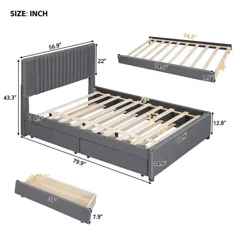 Cadre de lit plateforme en bois rembourré Queen/Full avec 2 tiroirs et 1 lit gigogne simple/simple XL