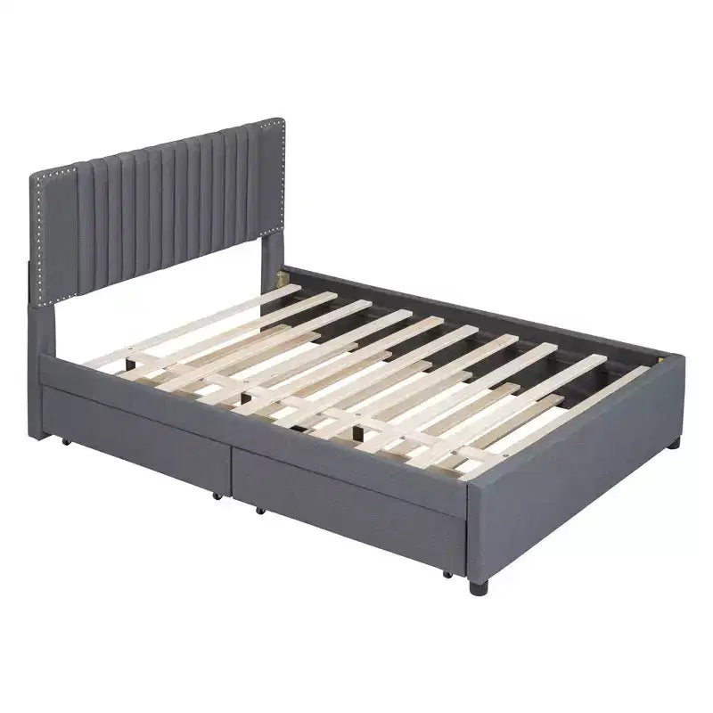 Cadre de lit plateforme en bois rembourré Queen/Full avec 2 tiroirs et 1 lit gigogne simple/simple XL