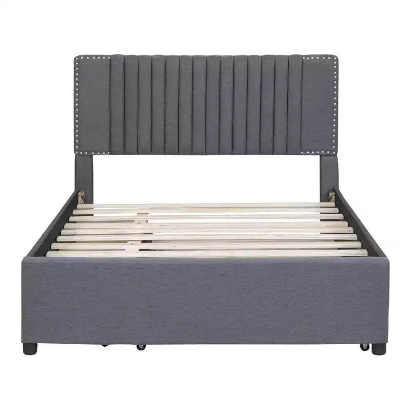 Cadre de lit plateforme en bois rembourré Queen/Full avec 2 tiroirs et 1 lit gigogne simple/simple XL
