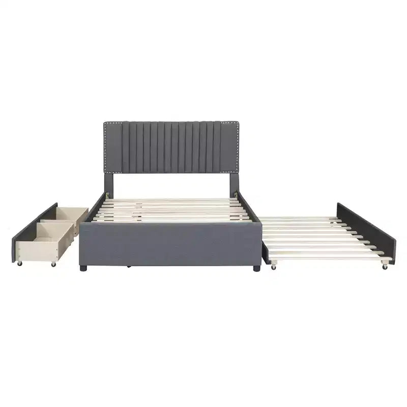 Cadre de lit plateforme en bois rembourré Queen/Full avec 2 tiroirs et 1 lit gigogne simple/simple XL