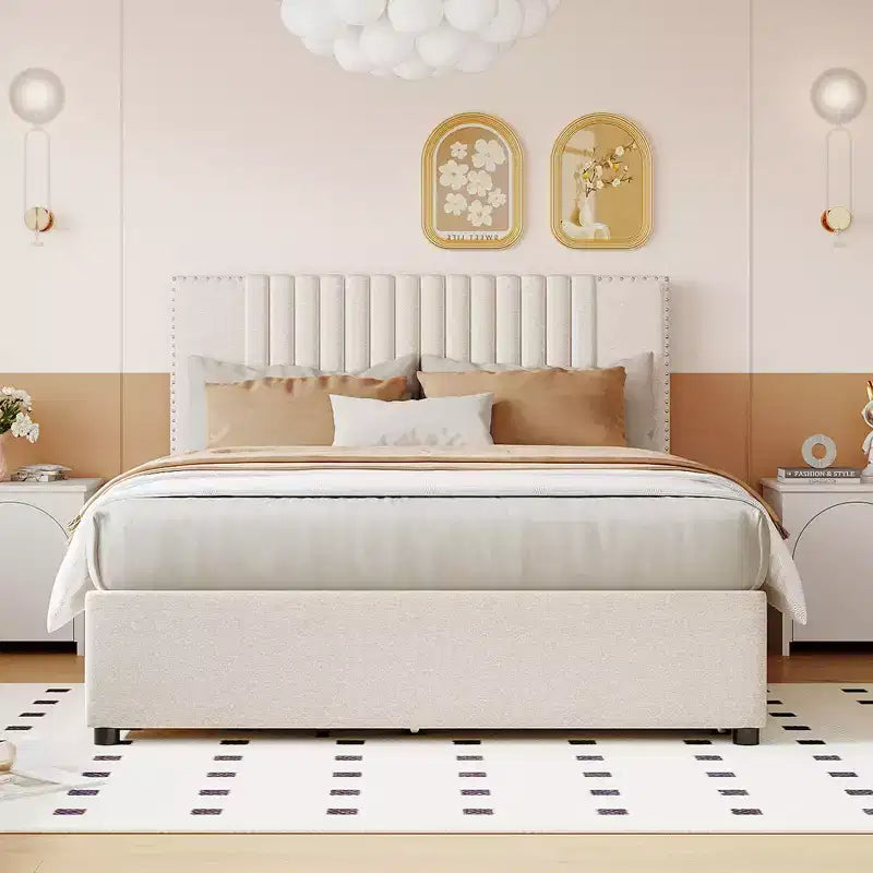 Cadre de lit plateforme en bois rembourré Queen/Full avec 2 tiroirs et 1 lit gigogne simple/simple XL