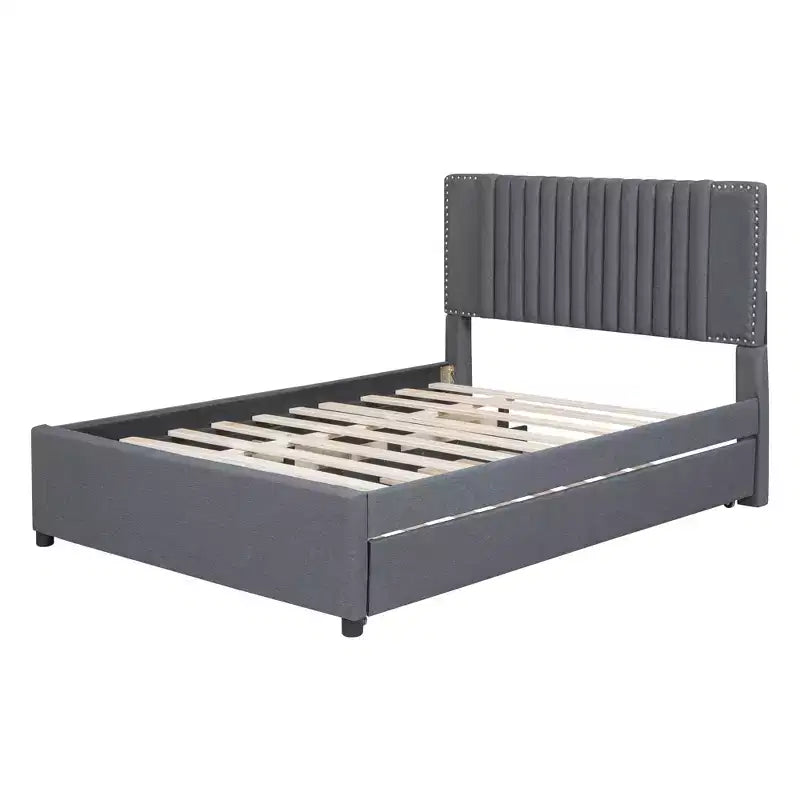 Cadre de lit plateforme en bois rembourré Queen/Full avec 2 tiroirs et 1 lit gigogne simple/simple XL