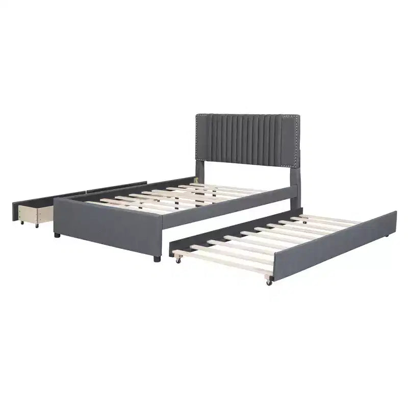 Cadre de lit plateforme en bois rembourré Queen/Full avec 2 tiroirs et 1 lit gigogne simple/simple XL