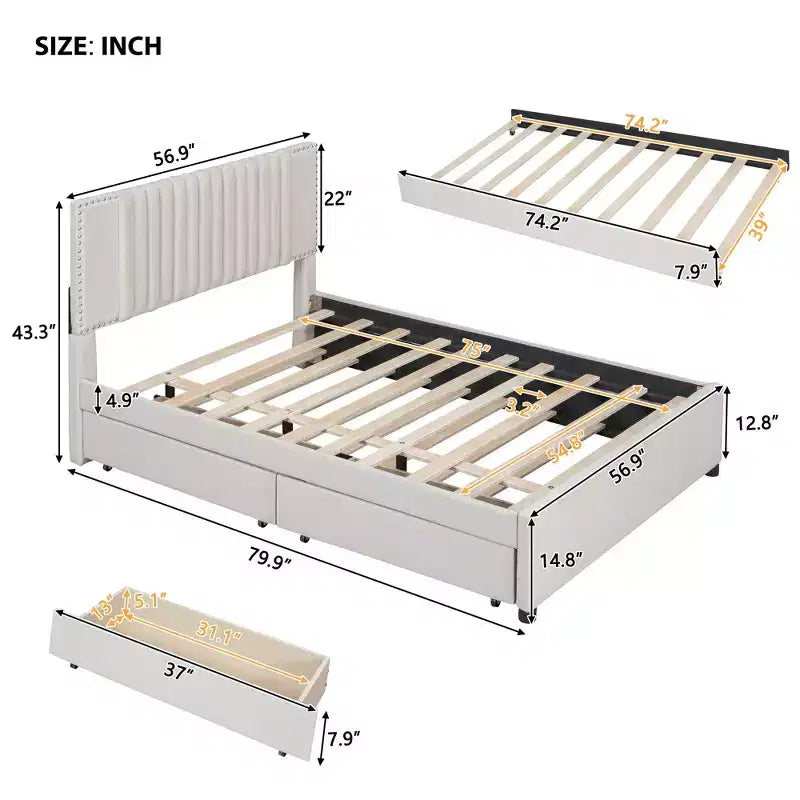 Cadre de lit plateforme en bois rembourré Queen/Full avec 2 tiroirs et 1 lit gigogne simple/simple XL