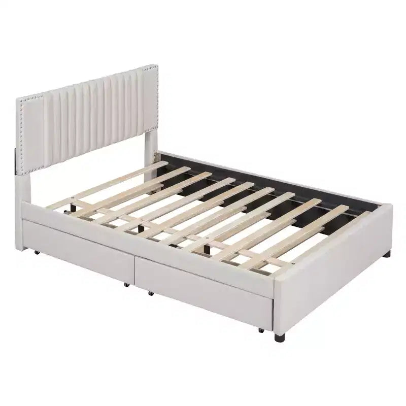 Cadre de lit plateforme en bois rembourré Queen/Full avec 2 tiroirs et 1 lit gigogne simple/simple XL