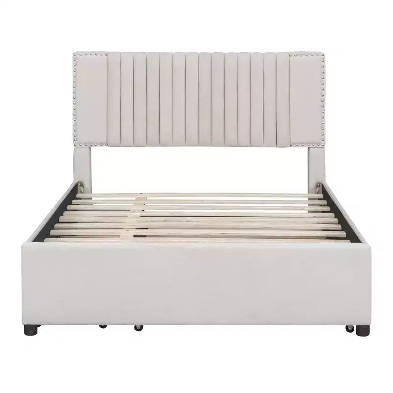 Cadre de lit plateforme en bois rembourré Queen/Full avec 2 tiroirs et 1 lit gigogne simple/simple XL