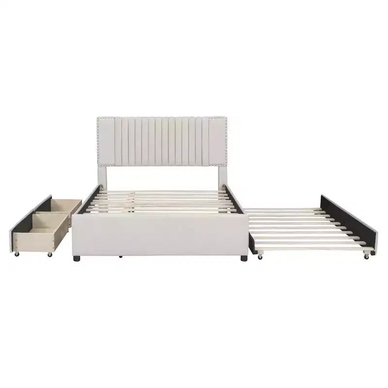 Cadre de lit plateforme en bois rembourré Queen/Full avec 2 tiroirs et 1 lit gigogne simple/simple XL