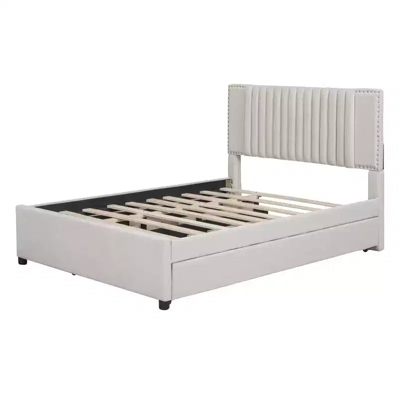 Cadre de lit plateforme en bois rembourré Queen/Full avec 2 tiroirs et 1 lit gigogne simple/simple XL