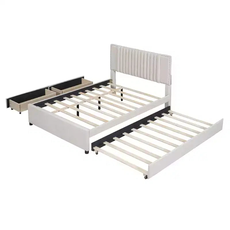 Cadre de lit plateforme en bois rembourré Queen/Full avec 2 tiroirs et 1 lit gigogne simple/simple XL