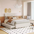 Queen/Full Size Wooden Upholstered Platform Bed Frame with 2 Drawers and 1 Twin/Twin XL Trundle Beige/Gray, 4L -ModernLuxe