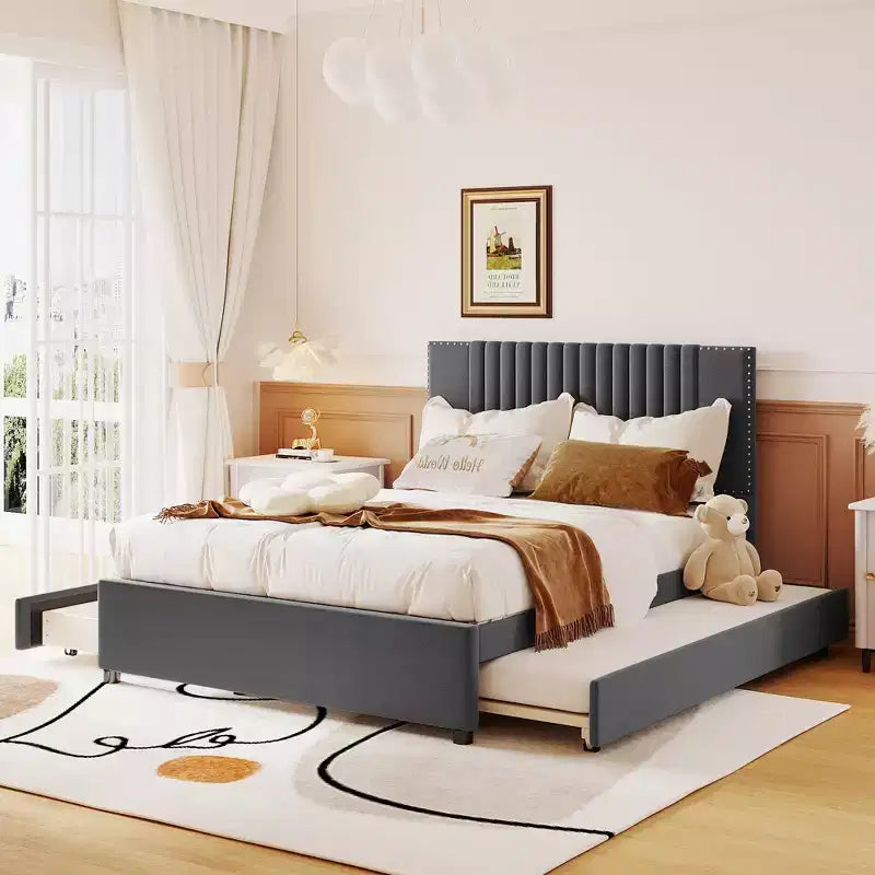 Cadre de lit plateforme en bois rembourré Queen/Full avec 2 tiroirs et 1 lit gigogne simple/simple XL