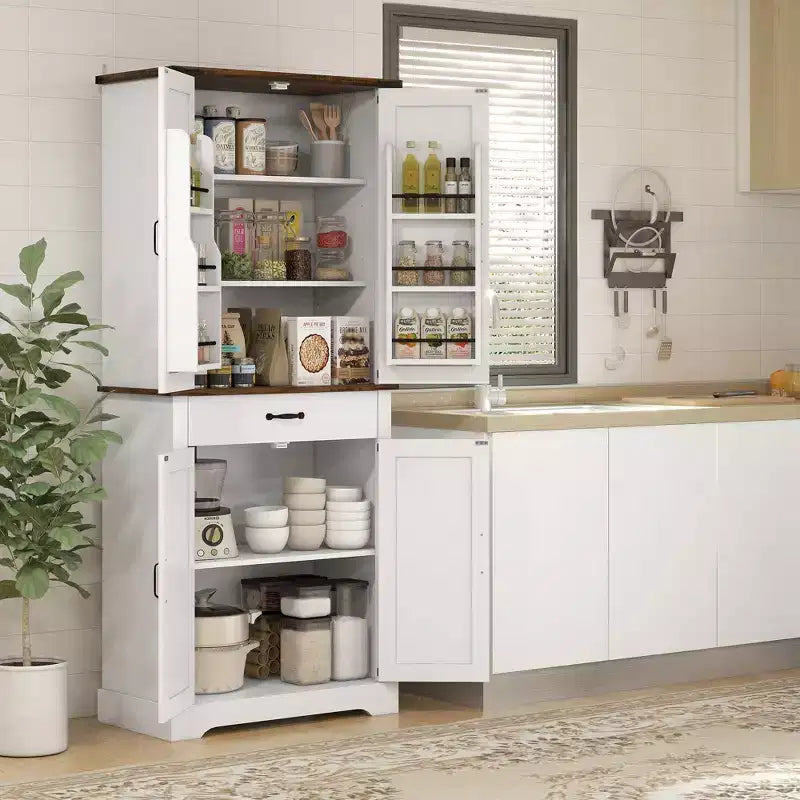 Grand garde-manger de cuisine, armoire de rangement de style rustique avec portes coulissantes, 6 étagères de porte, tiroir, étagères réglables, placard autoportant.