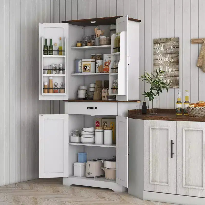 Grand garde-manger de cuisine, armoire de rangement de style rustique avec portes coulissantes, 6 étagères de porte, tiroir, étagères réglables, placard autoportant.