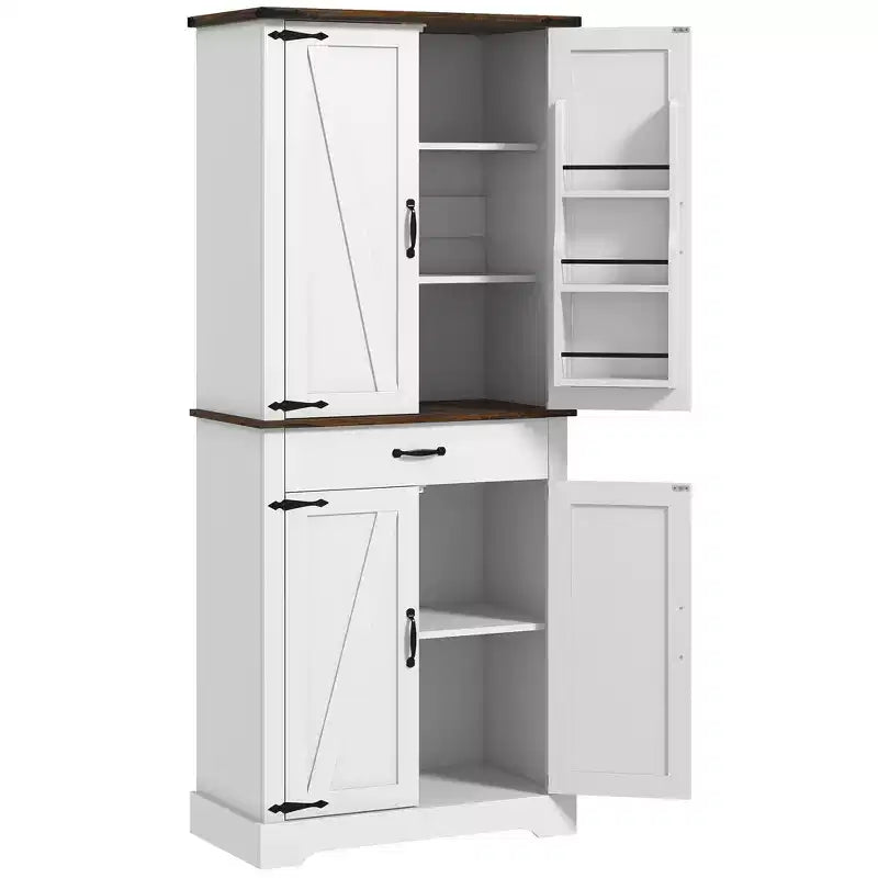 Grand garde-manger de cuisine, armoire de rangement de style rustique avec portes coulissantes, 6 étagères de porte, tiroir, étagères réglables, placard autoportant.