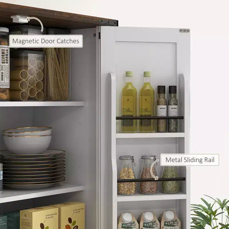 Grand garde-manger de cuisine, armoire de rangement de style rustique avec portes coulissantes, 6 étagères de porte, tiroir, étagères réglables, placard autoportant.