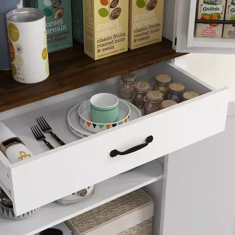 Grand garde-manger de cuisine, armoire de rangement de style rustique avec portes coulissantes, 6 étagères de porte, tiroir, étagères réglables, placard autoportant.