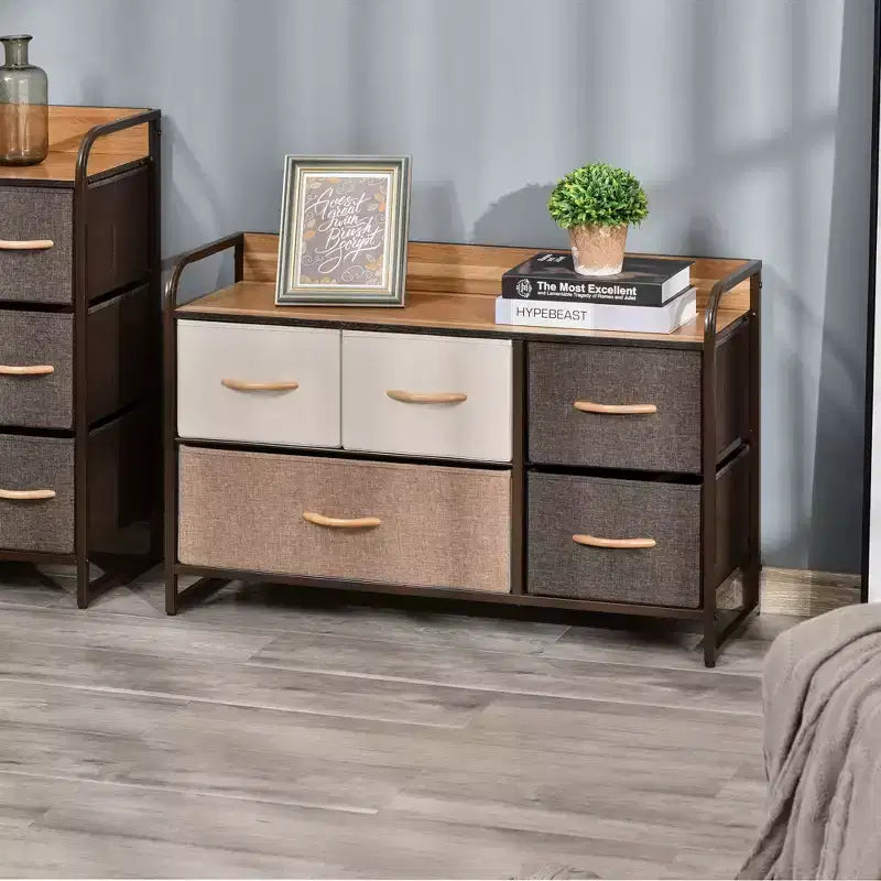 Commode à 5 tiroirs, tour de rangement à 2 niveaux avec cadre en acier pour chambre à coucher, chambre de bébé, multicolore
