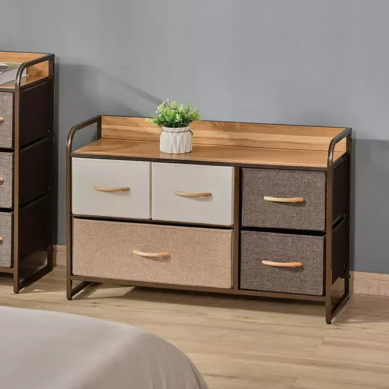 Commode à 5 tiroirs, tour de rangement à 2 niveaux avec cadre en acier pour chambre à coucher, chambre de bébé, multicolore