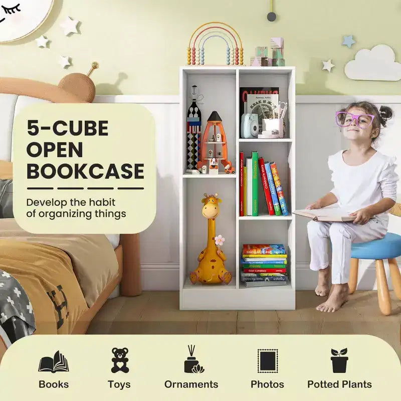 Bibliothèque 5 cubes pour enfants 104 cm Organiseur de rangement de jouets en bois blanc/naturel