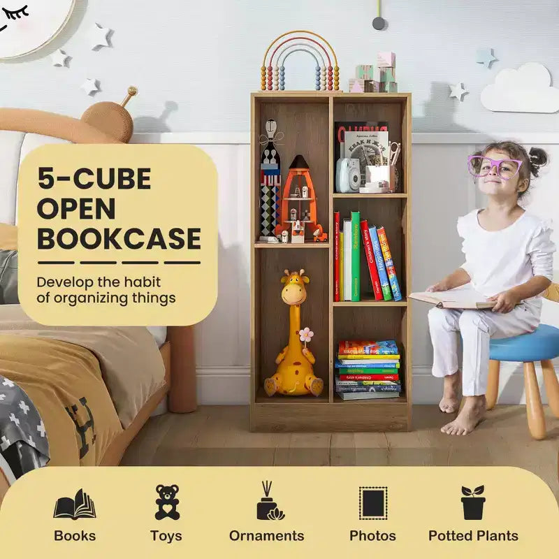 Bibliothèque 5 cubes pour enfants 104 cm Organiseur de rangement de jouets en bois blanc/naturel