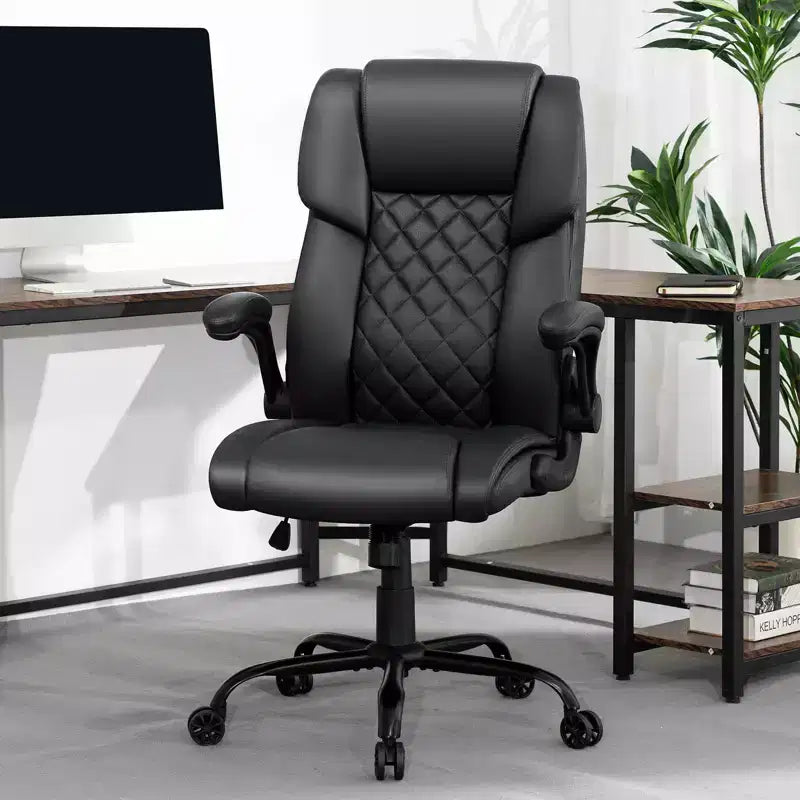 Fauteuil de bureau inclinable en cuir, ergonomique, pivotant, avec soutien lombaire à bouton et accoudoirs