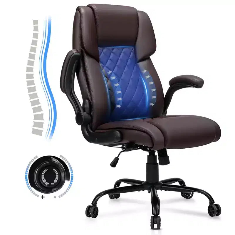 Fauteuil de bureau inclinable en cuir, ergonomique, pivotant, avec soutien lombaire à bouton et accoudoirs