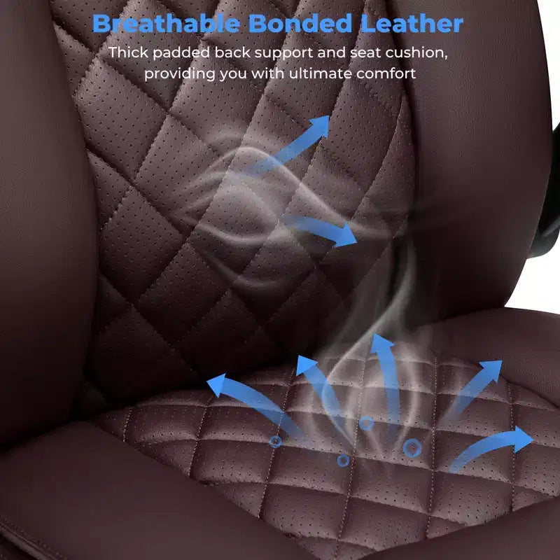 Fauteuil de bureau inclinable en cuir, ergonomique, pivotant, avec soutien lombaire à bouton et accoudoirs