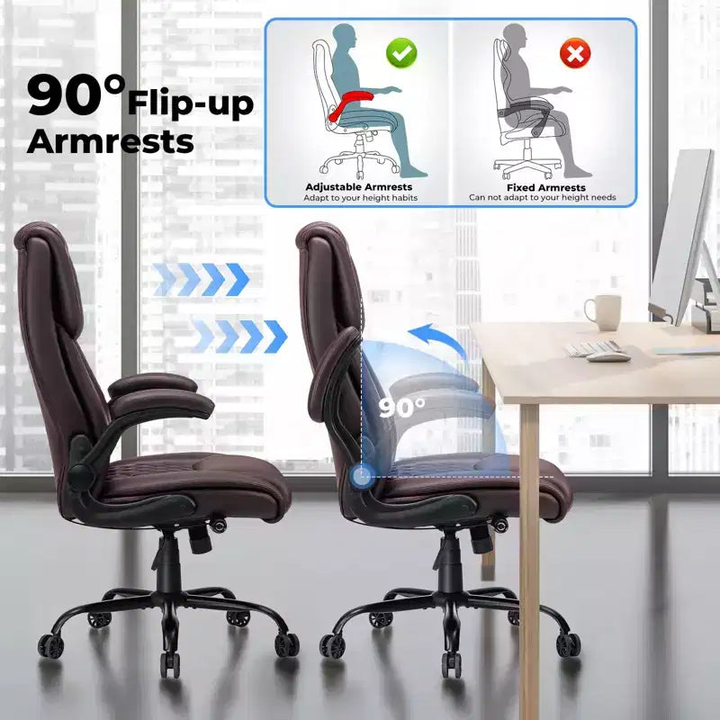 Fauteuil de bureau inclinable en cuir, ergonomique, pivotant, avec soutien lombaire à bouton et accoudoirs
