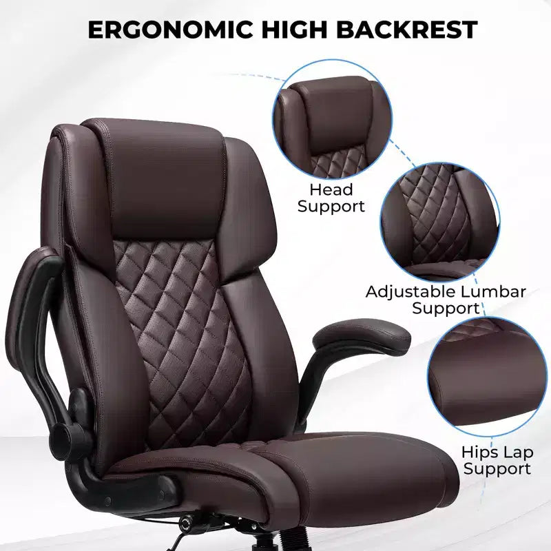 Fauteuil de bureau inclinable en cuir, ergonomique, pivotant, avec soutien lombaire à bouton et accoudoirs