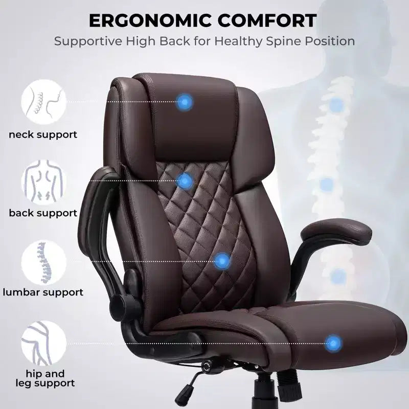 Fauteuil de bureau inclinable en cuir, ergonomique, pivotant, avec soutien lombaire à bouton et accoudoirs