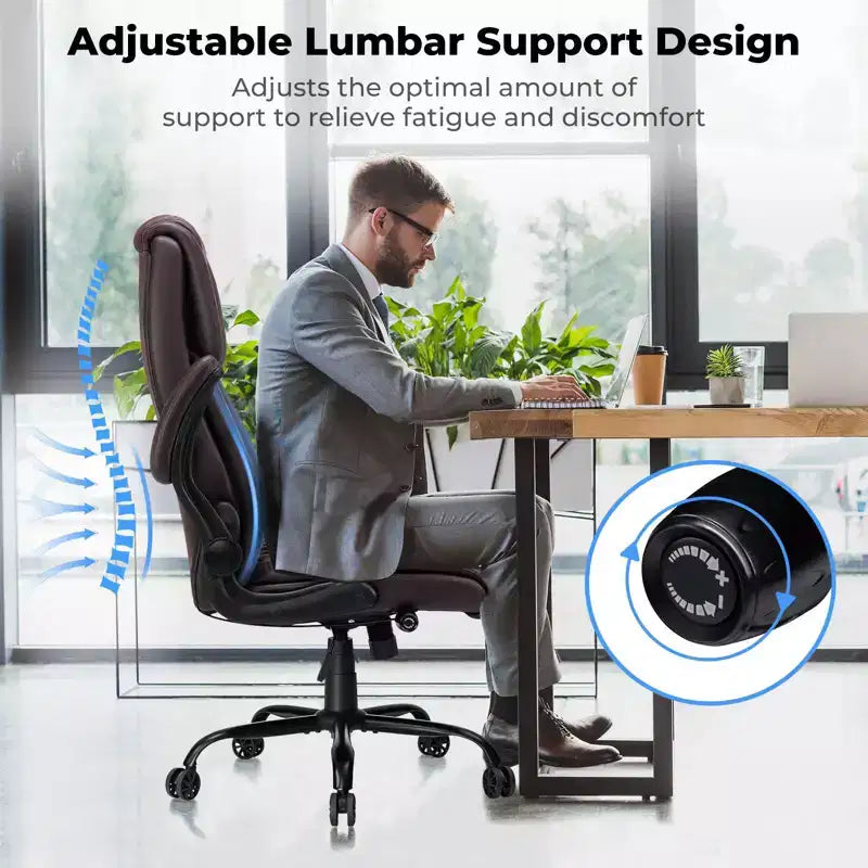 Fauteuil de bureau inclinable en cuir, ergonomique, pivotant, avec soutien lombaire à bouton et accoudoirs