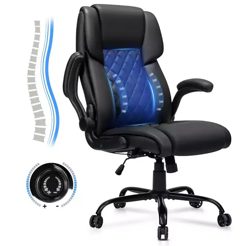 Fauteuil de bureau inclinable en cuir, ergonomique, pivotant, avec soutien lombaire à bouton et accoudoirs