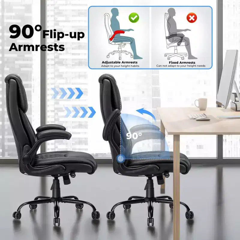 Fauteuil de bureau inclinable en cuir, ergonomique, pivotant, avec soutien lombaire à bouton et accoudoirs