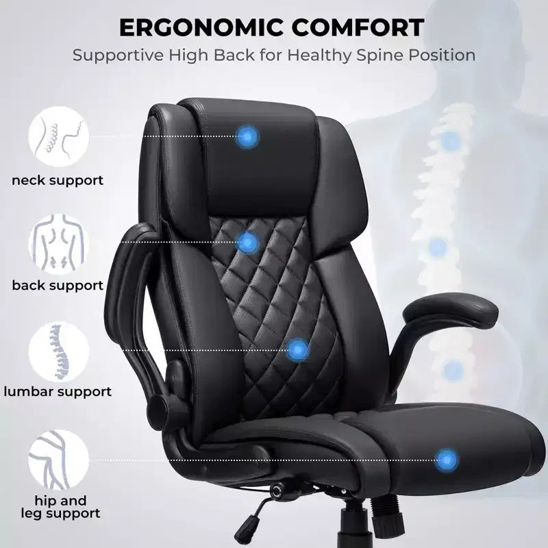 Fauteuil de bureau inclinable en cuir, ergonomique, pivotant, avec soutien lombaire à bouton et accoudoirs