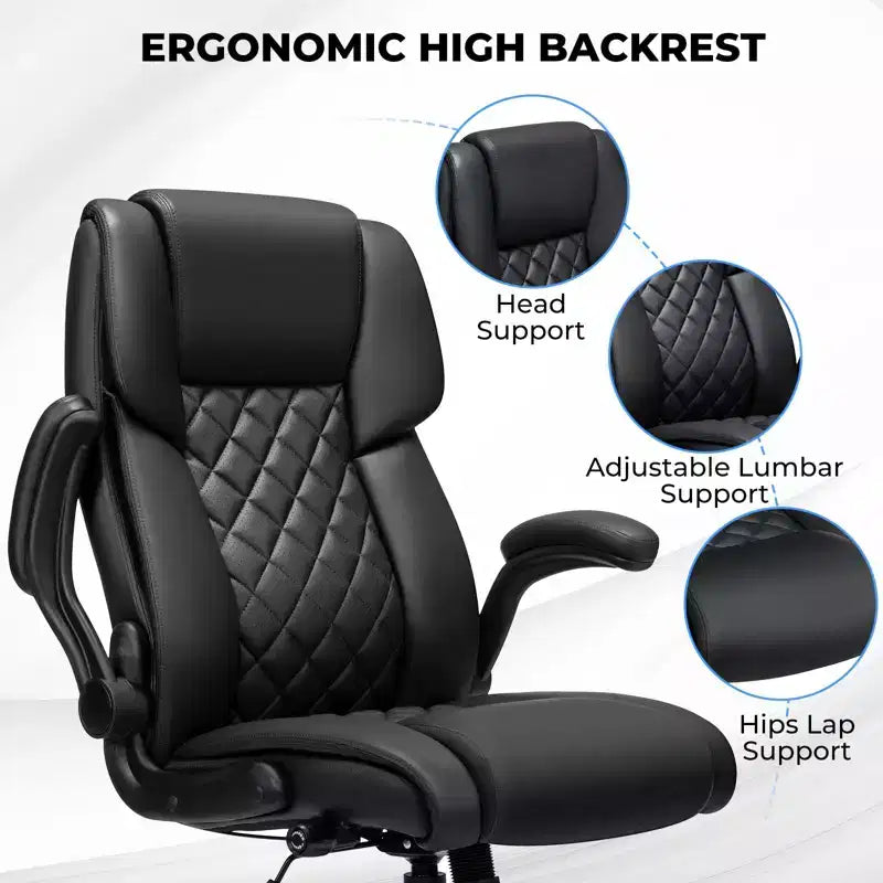 Fauteuil de bureau inclinable en cuir, ergonomique, pivotant, avec soutien lombaire à bouton et accoudoirs